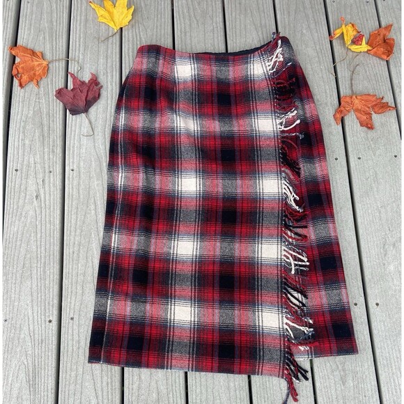 Vintage Talbots Red Plaid Wool Midi Skirt Faux Wrap Fringe Women’s 12 - Picture 2 of 16